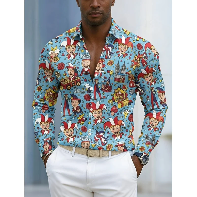 Men's Clown Castle Print Shirt Light Blue Long Sleeve Holiday Party Casual Fun Unique Gift Men's Top