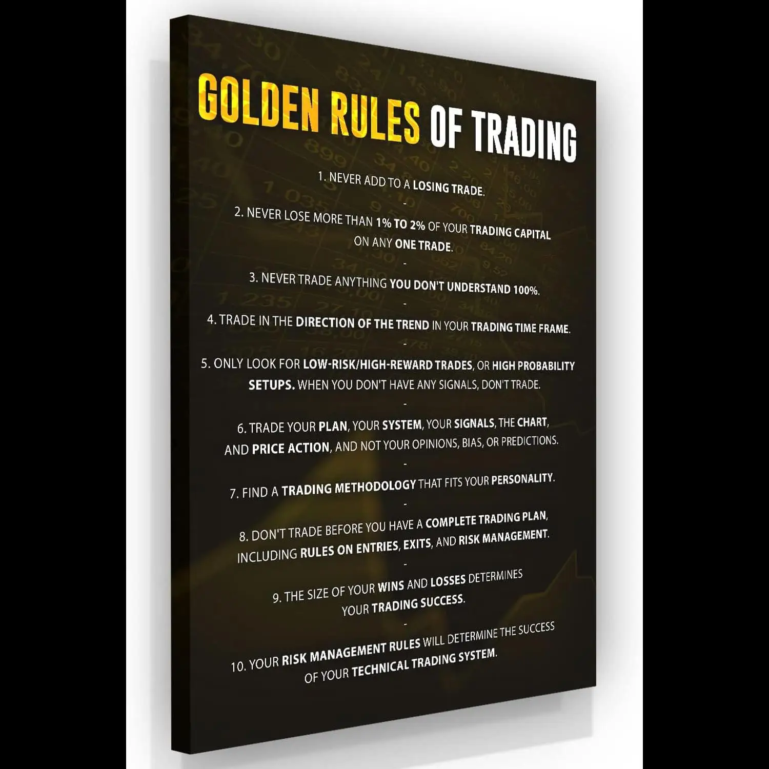 Golden Rules Of Trading Wall Art Canvas Print  Financial Quote Forex Stock Market Sign Day Trader Psychology Crypto Trading Mill