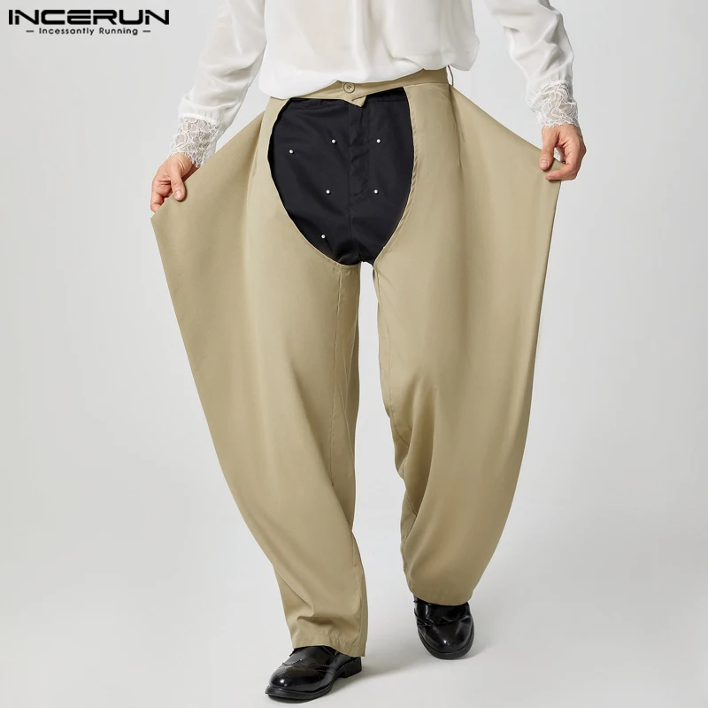 

INCERUN Men Solid Color Loose Long Pants 2025 Causal Buttons Hollow Out Simple Wide Leg Trousers Men Handsome Male Bottoms