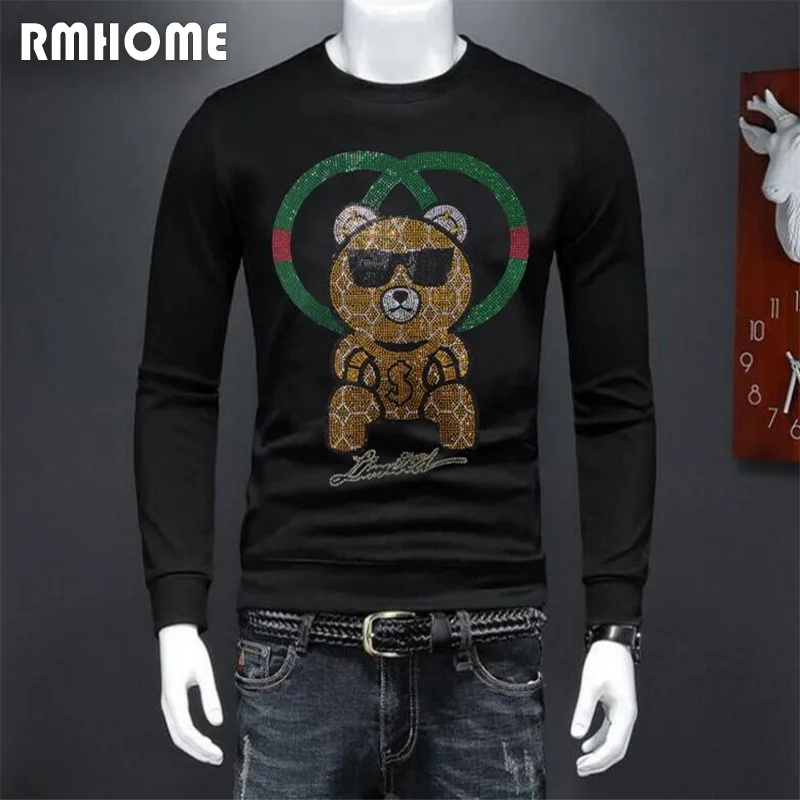 Men\'s Casual Sweater Rhinestone Bear Design High-quality Male Hoodies Warm Fashionable Top Daily Party Man Pullover Clothing 4XL