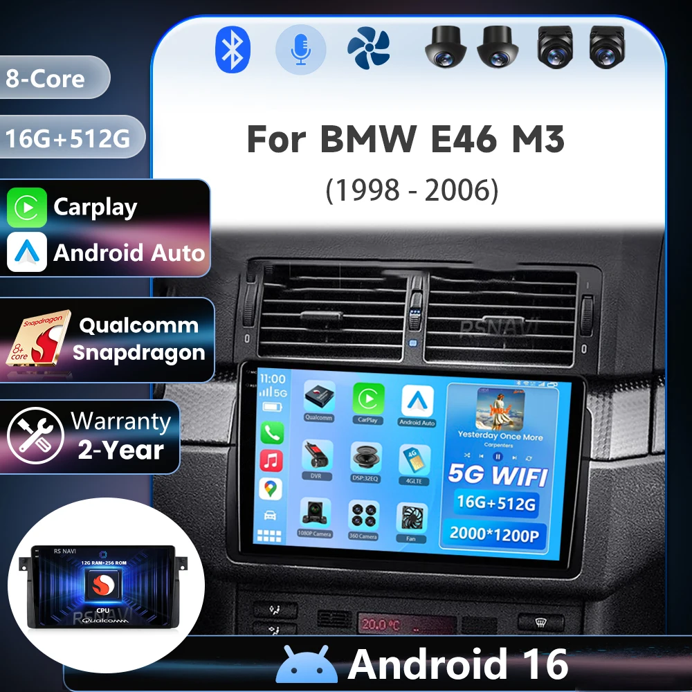 Android 16 Qualcomm Carplay Auto For BMW E46 M3 1998 - 2003 2004 2005 2006 Multimedia Car Radio Player 24-hour shipping Stereo