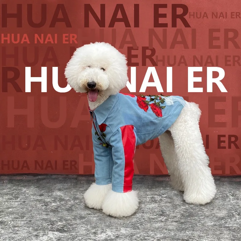 Trendy Pet Denim Shirt Jacket Floral Embroidery Decor Contrast Color Splicing Lapel Collar Fashion Outfit for Daily Occasions