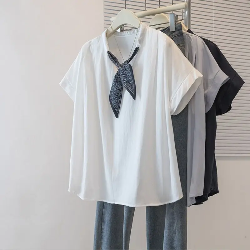 Plus-size women's spring and summer solid color casual beret collar with inner and outer wear V-neck short-sleeve T-shirt