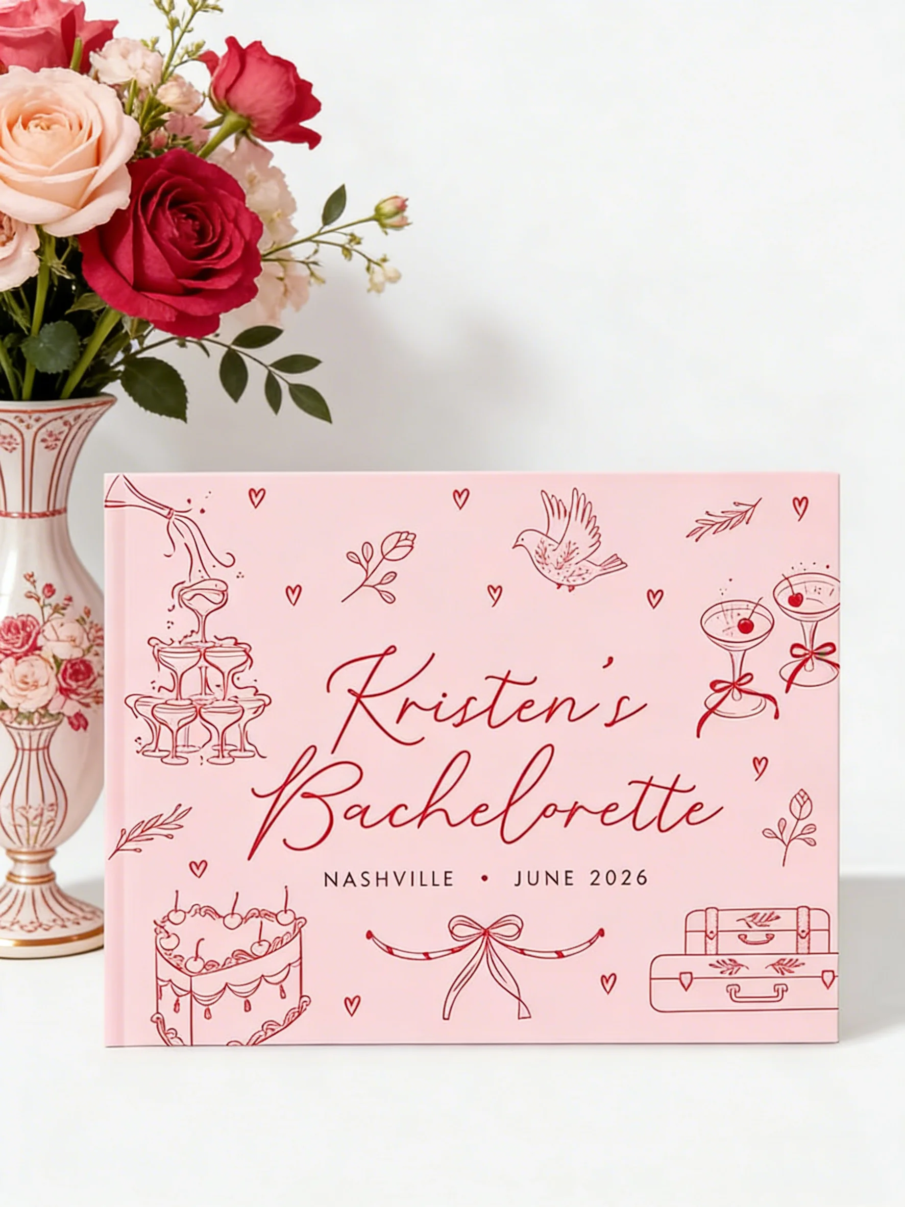 

Bachelorette Party Guest Book | Bridal Shower Scrapbook with Pink Red Bow | Ideal Bachelorette Trip Memory Album
