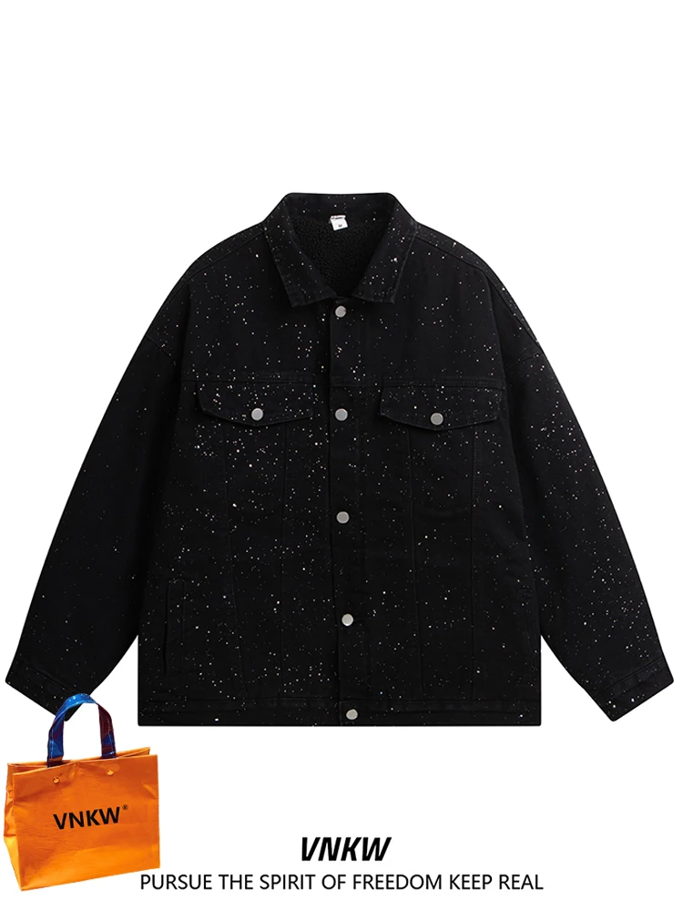 

American Sle Fce Lined Heavy Du Men's Jeans Jaet Luxury Trendy Sparkling Drill Casual Loose Fit Autumn Winter Coat