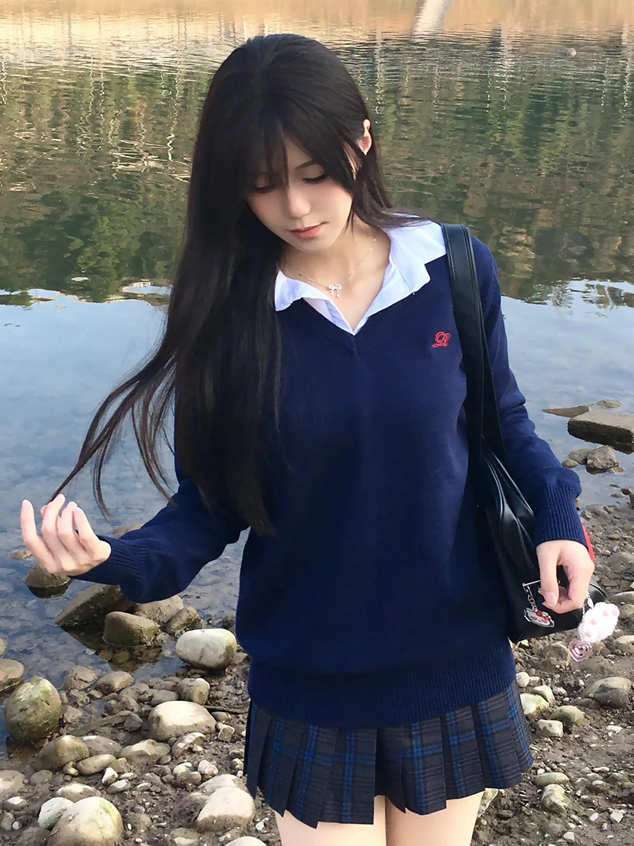 

Оригинальный женский вязаный свитер JK orm с вышивкой V-Ne Long Sve, осень-зима, японский колледж, школа или...