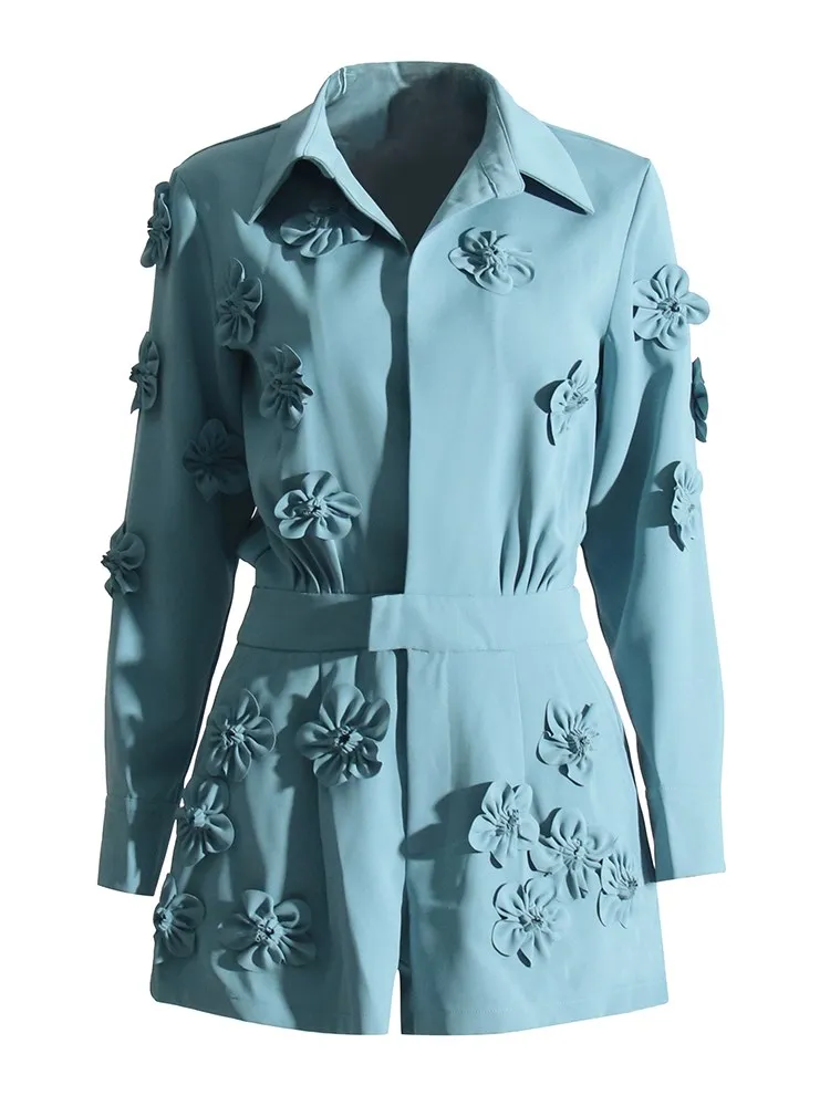 TWOTWINSTYLE macacão elegante com apliques para mulheres, lapela, manga longa, patchwork, zíper, casual, estilo feminino