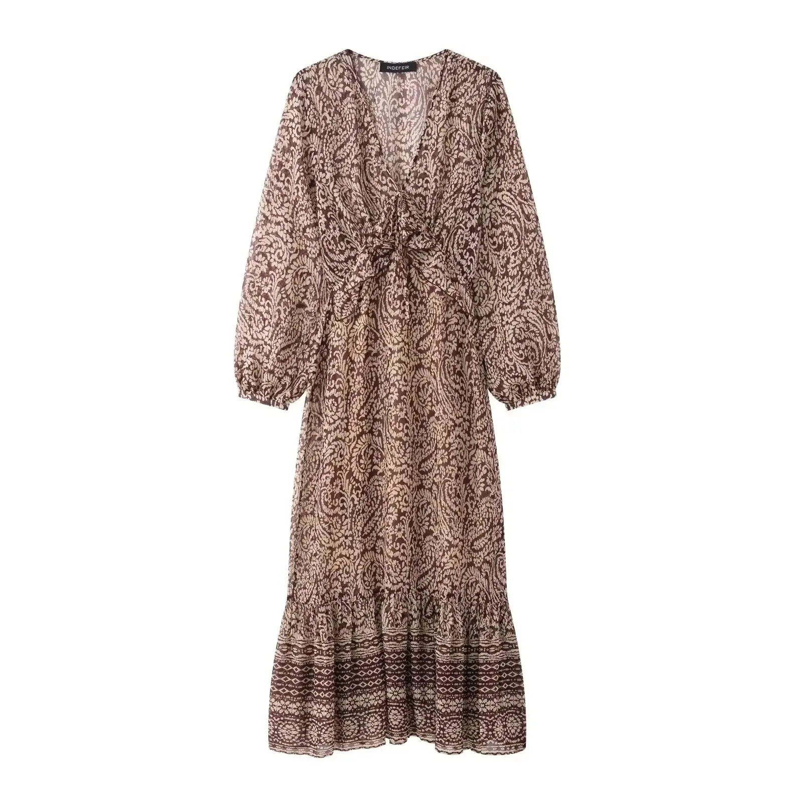 Kondala moda 2025 vintage primavera vestido com decote em v chique bohe renda casual vestido de manga longa feminino solto plissado impressão maxi vestido