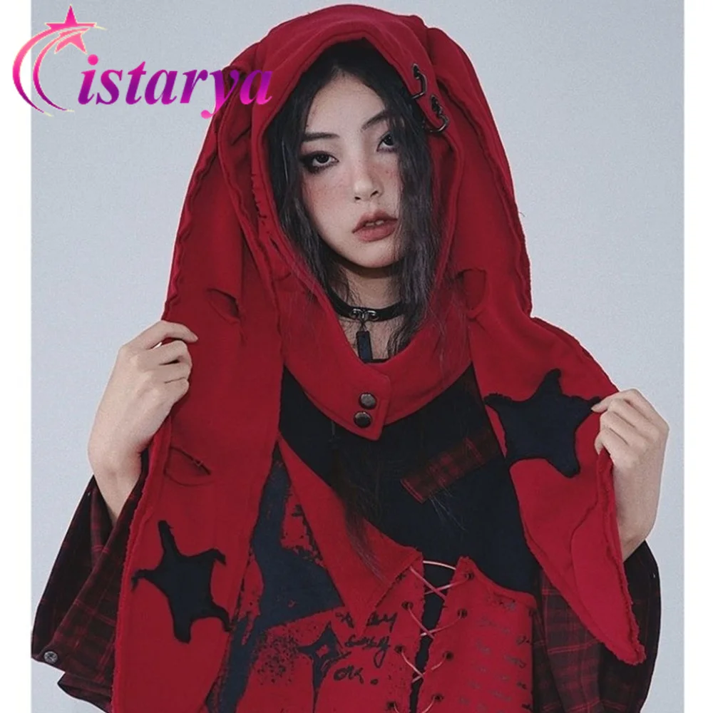 

Gothic Grunge Long Rabbit Hat Harajuku Punk Hole Patch Star Bunny Ear Cape Japaness Kawaii Women Winter Warm Chic Streetwear