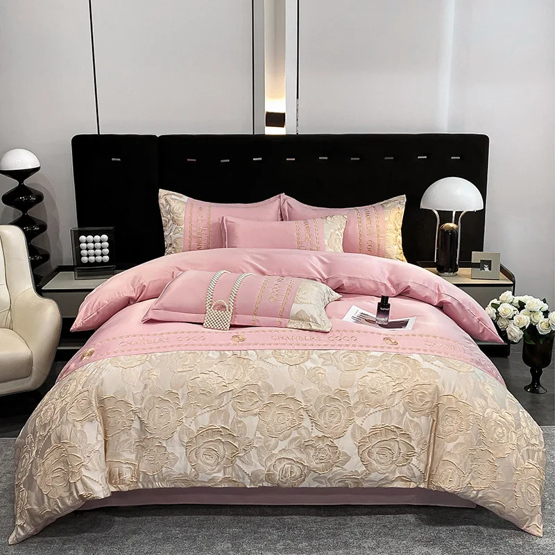 

Tencel Ice Silk Jacquard Pink Bedding Set Luxury Duvet Cover 240x220 King Sheets Linen 160x200 Double Bedspreads Comforter Queen