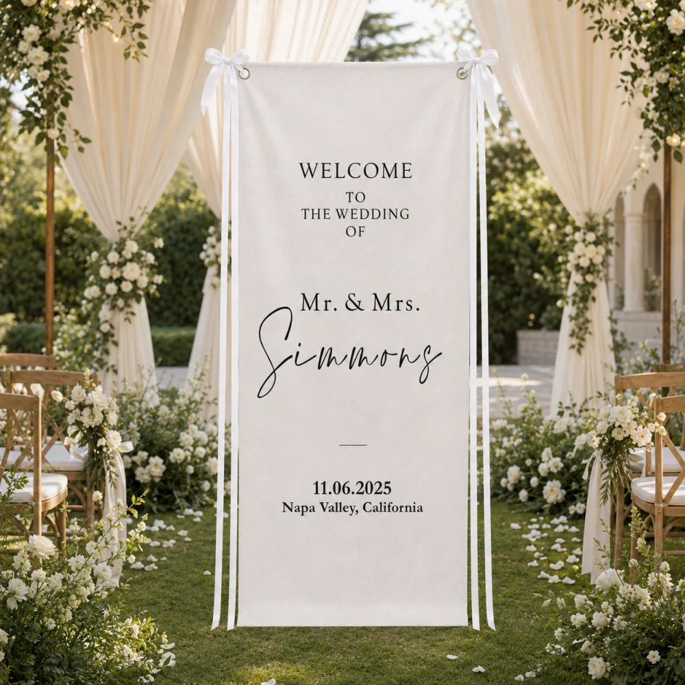 Personalized Wedding Entrance Welcome Banner Custom Names Date Soft Fabric Hanging Sign for Barn Wedding Ceremony Decor