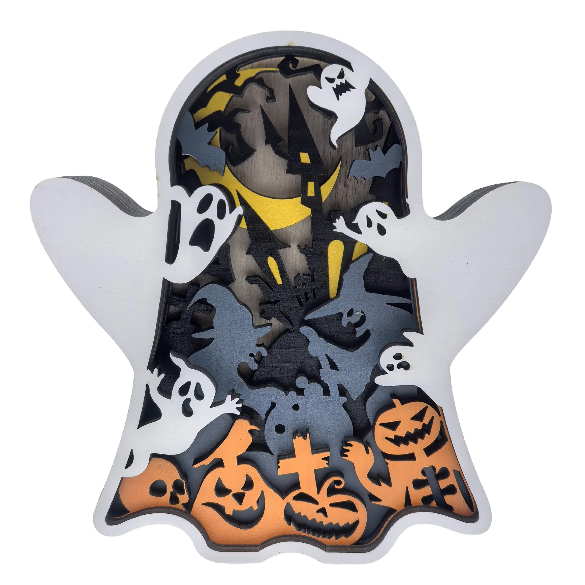 

Custom Halloween wooden ghost ornaments/ghost scene decorations/multi-layered wooden ornaments figurines