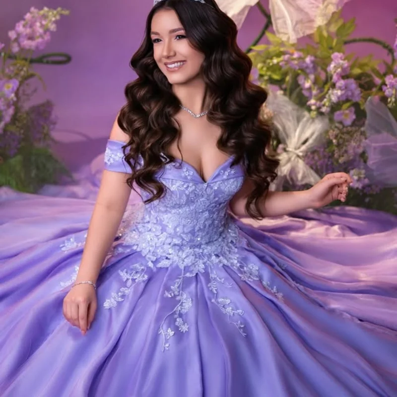 

Purple Off Shoulder Quinceanera Dress sequin Tull decal Lace vestidos de 15 Quinceanera ﻿Customized