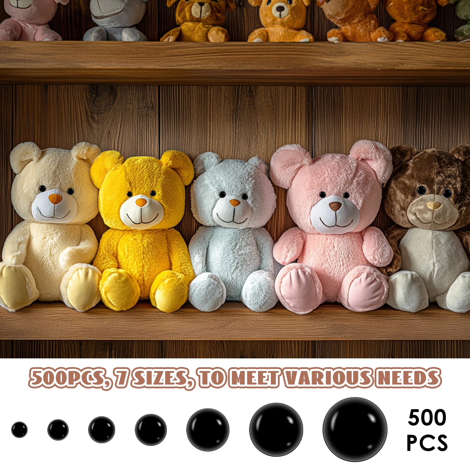 500개 검정 플라스틱 인형 눈알 3-12mm 구슬, 봉제인형, 코바늘 곰, 공예용, 봉제완구용 곰 눈알