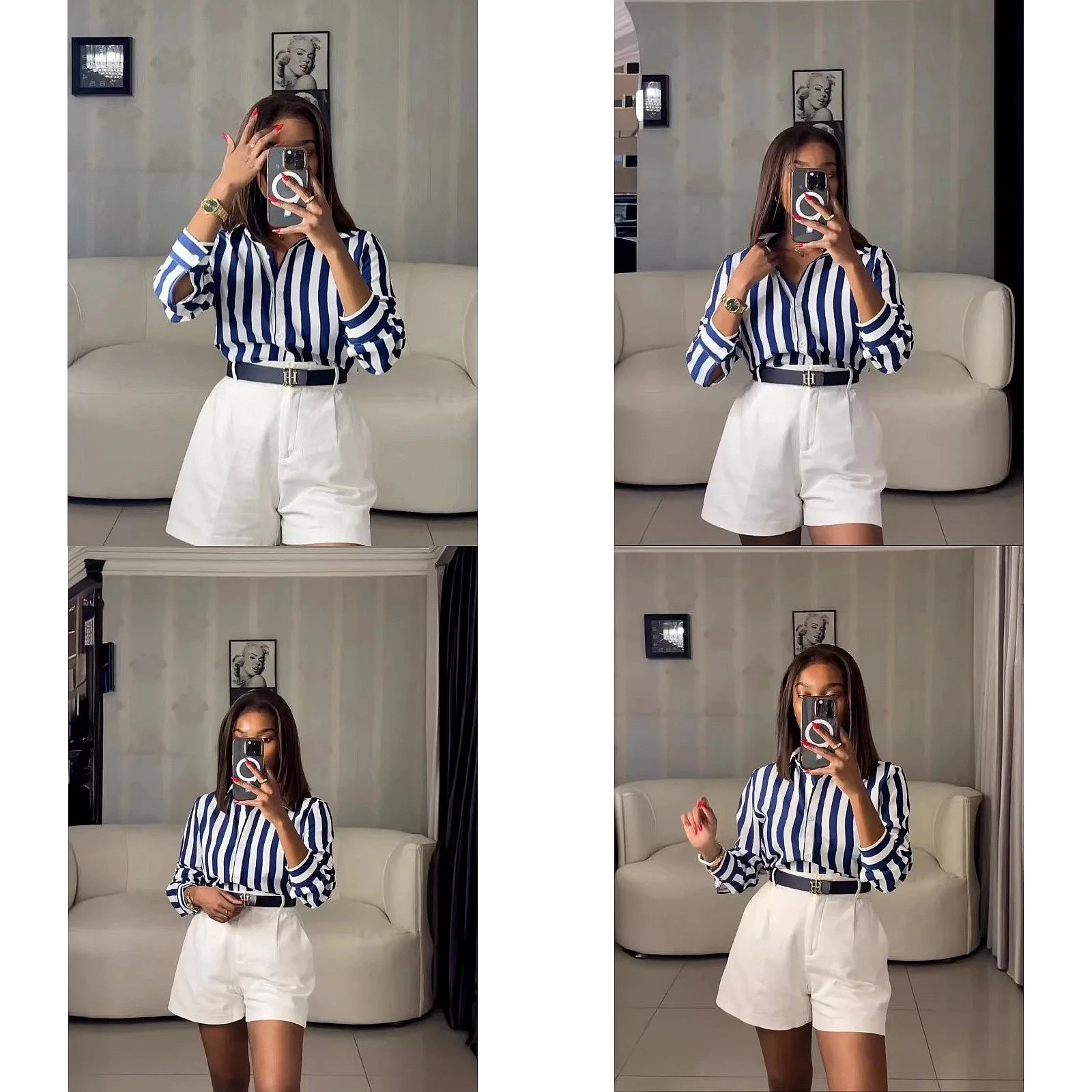 

Blue Striped Shirt Blouse Top, Spring Summer Fashion Casual Shirts Blouses Tops