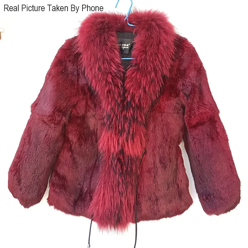 Women Winter Real Rabbit Fur Coat With Raccoon Fur Trimming Fashion Warm Luxury Long Sleeve Genuine Fur Jacket Female Outwear