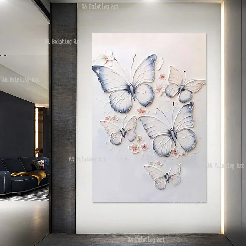 

Large Canvas Wall Art Unframed Modern Hotel Decor White Butterflies Oil Painting Canvas Textured Acrylic Artwork Set Picture