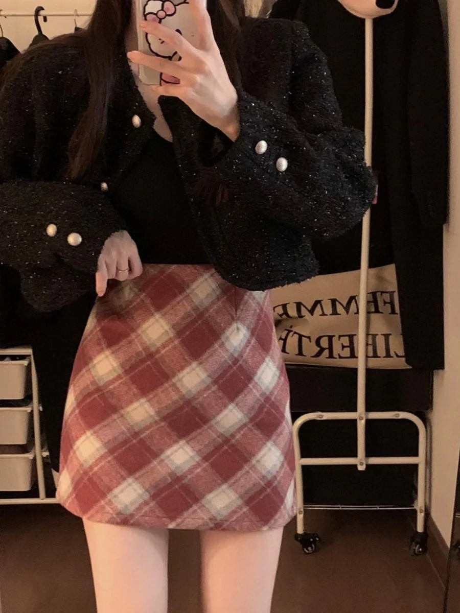 الرجعية منقوشة الصوفية تنورة المرأة عالية الخصر ألف خط ort تنورة الكورية Sle حجم كبير التخسيس تنورة الخريف وصول جديد #2