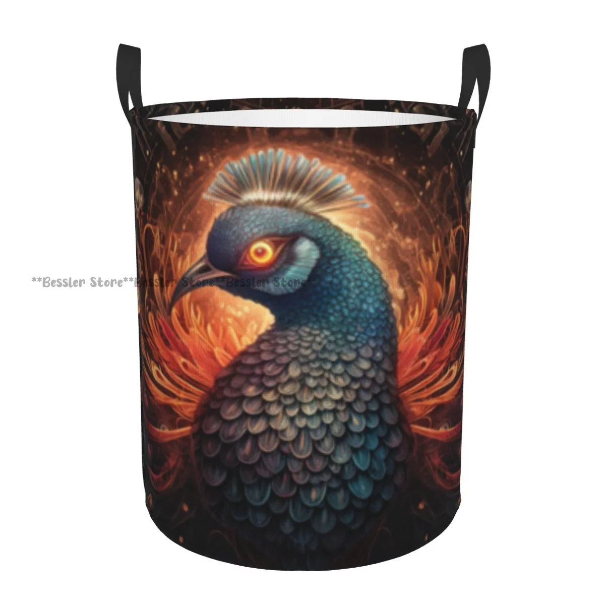 Folding Laundry Basket Colorful Peacock Cosmic Fantasy Fractal Round Storage Bin Hamper Collapsible Clothes Bucket Organizer