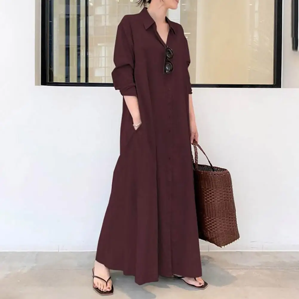 Loose Cut Button Closure Dress Spring Maxi Dress with Turn-down Collar Single-breasted Long Sleeve Ankle Length Women's Loose