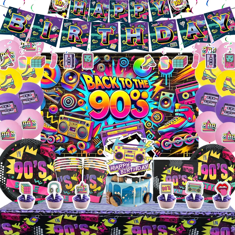 Decoraciones Retro para Fiesta de Cumpleaños con Temática de los 90, Banner de Fondo Hip Hop, Vajilla, Globos, Adorno para Pastel, Artículos para Fiesta Temática de los 90
