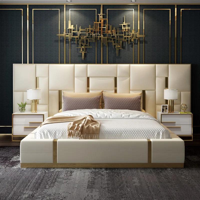 Luxury Italian Bedroom Furniture Set Elegant Genuine Leather Oversized Headboard King Size Bed