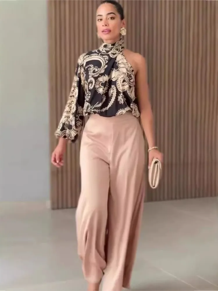 

Women Fashion Blouse Wide-leg Pants Two Piece Sets Spring New Asymmetrical Off Shoulder Top Office Lady Elegant Holiday Sets