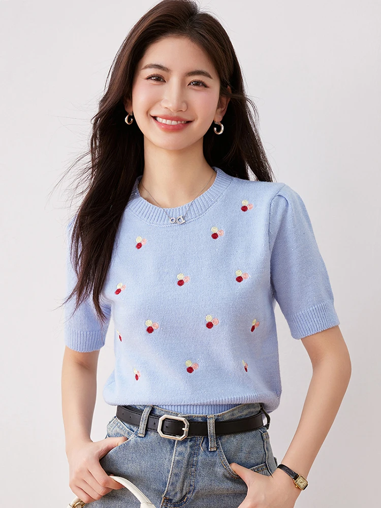 Summer Floral Embroidery Sweaters for Women Short Sleeve Knitted Tops Knitwears Pullovers Fashion Versatile Casual Top