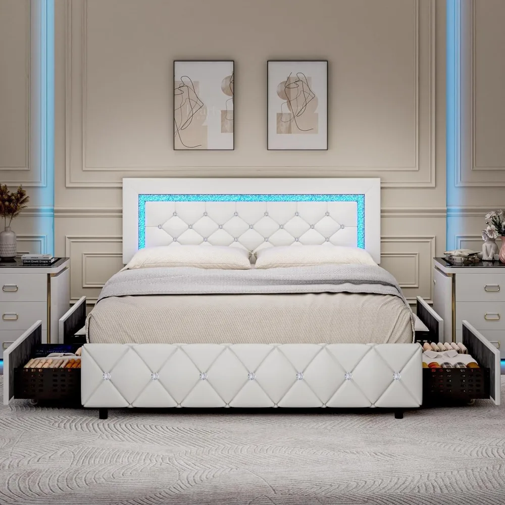 إطار سرير كوين LED مع أدراج تخزين، سرير بمنصة منجدة مع لوح رأسي ماسي، لا حاجة إلى صندوق زنبركي