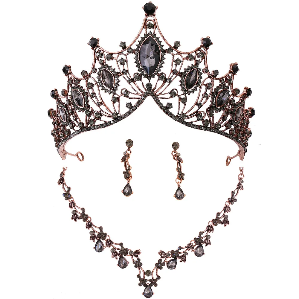 Baroque Retro Purple Black Crystal Leaf Jewelry Sets Elegant Luxury Wedding Crown Tiaras Necklace Earrings Bridal Water Drop Set