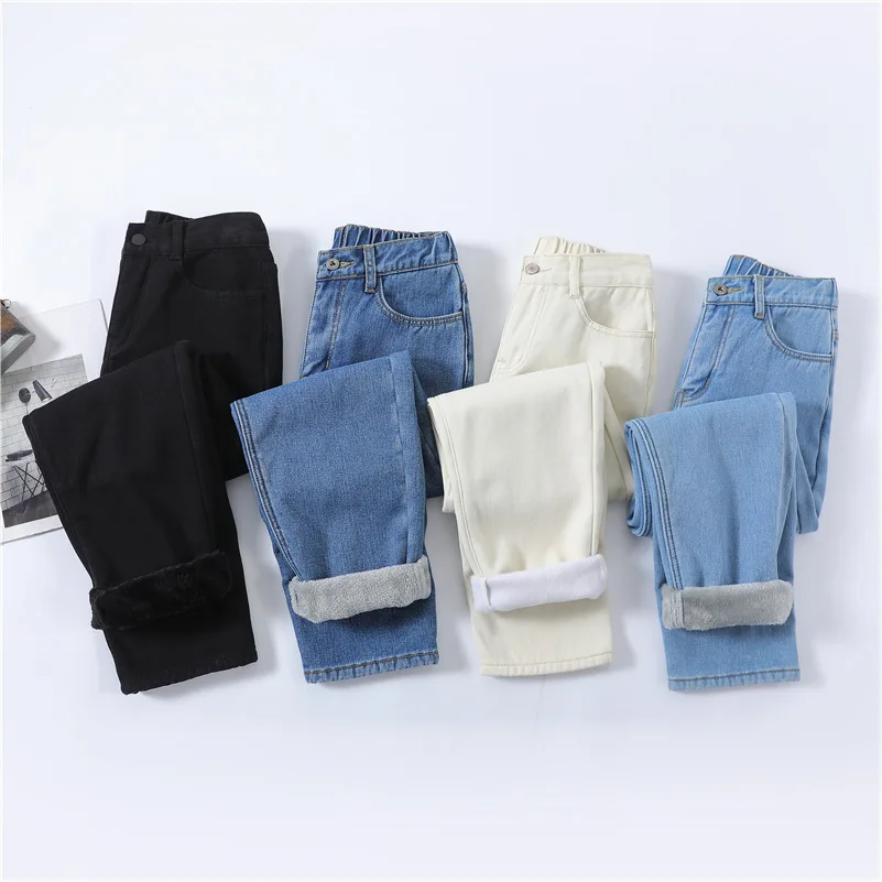 

Women Thermal Harem Jeans Warm Plush High Waist Stretch Vintage Blue Jeans Winter Snow Streetwear Straight Pants Girls Trousers