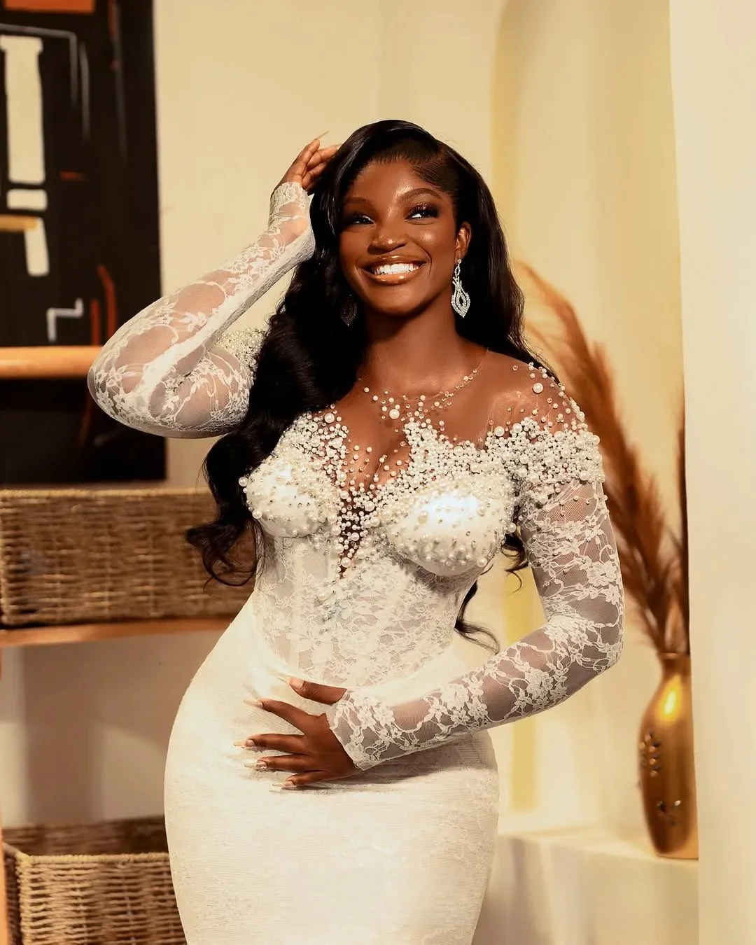 Abiti da sposa taglie forti personalizzati Abiti da sposa Sirena Illusion Maniche lunghe Perline Pizzo a strati Tulle Perle