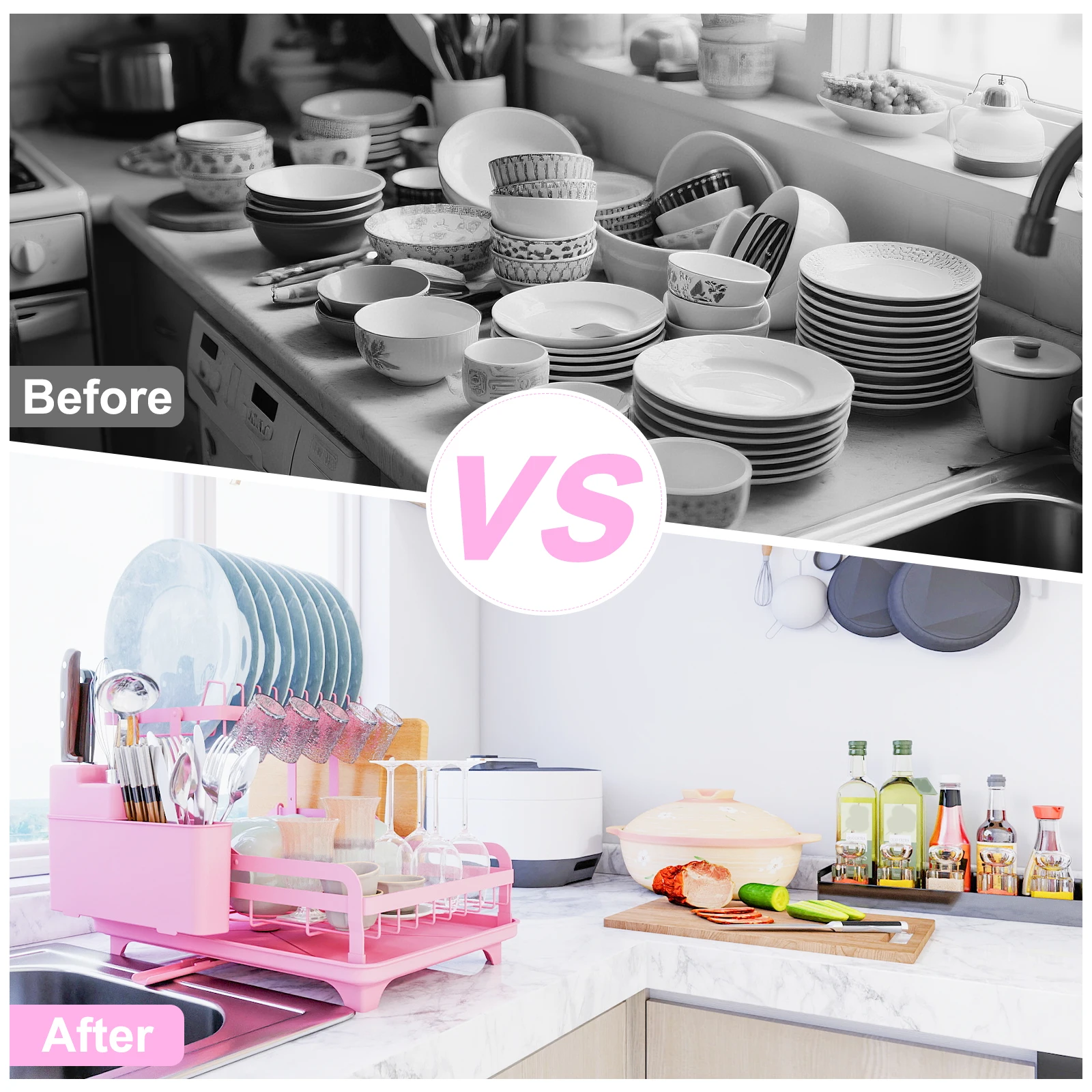 2 Tier Dish Rack, Kitchen Counter Dish Drying Rack, Pink Kitchen Appliance, No Drill Install, With Automatic Drainage System view 6