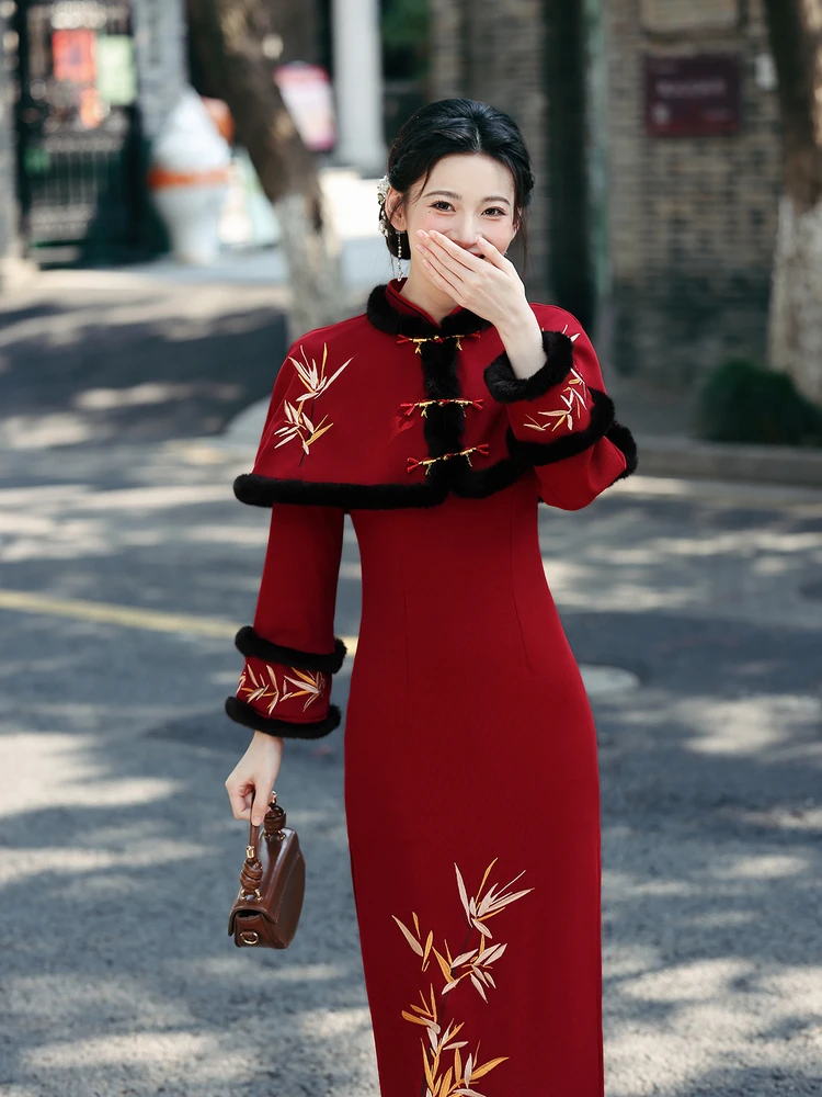 

Red Dr with awl Long Sve New Chinese Sle Winter Wedding Dr for Women Vintage Sle New 2025