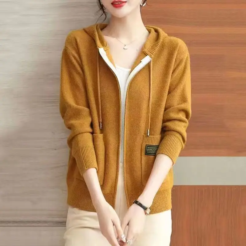 Hooded Knitted Cardigan Sweater Jacket Women\'s Spring Outfit New Fashion Outfit with Casual Mom Jacket Women\'s Hat Sweater