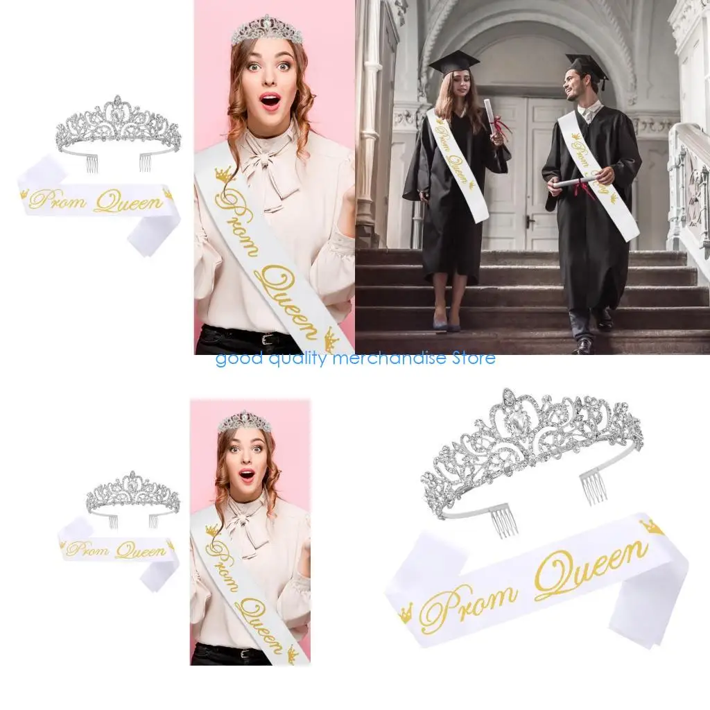 

Y5JD Prom Queen Tiaras Set With Satins Sash And Metal Crowns Fashion Hair Decoration For Weddings Parties Pageants