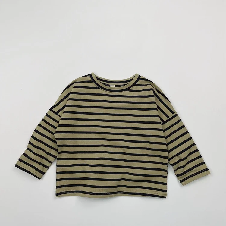 

2024 Lazy Stripe Korean Edition Children's Shoulder Down Bottom Shirt