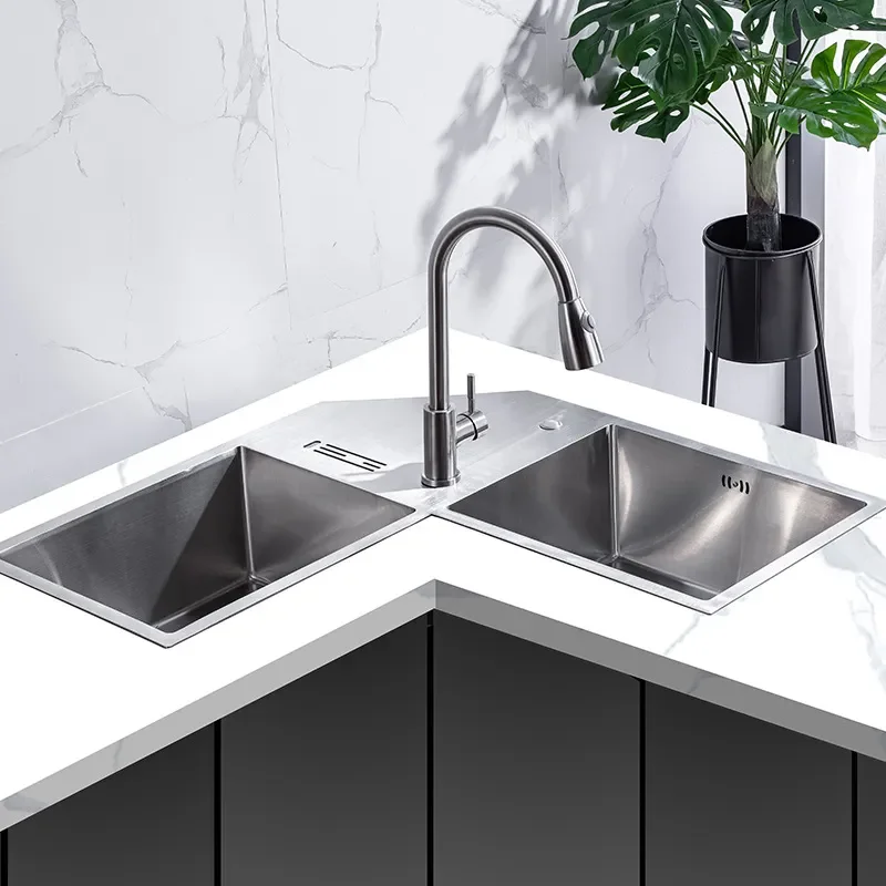 for Corner Vegetable Sink 304 Stainless Steel Double Basin Kitchen Thickened Dishwasher Safe Household Sink