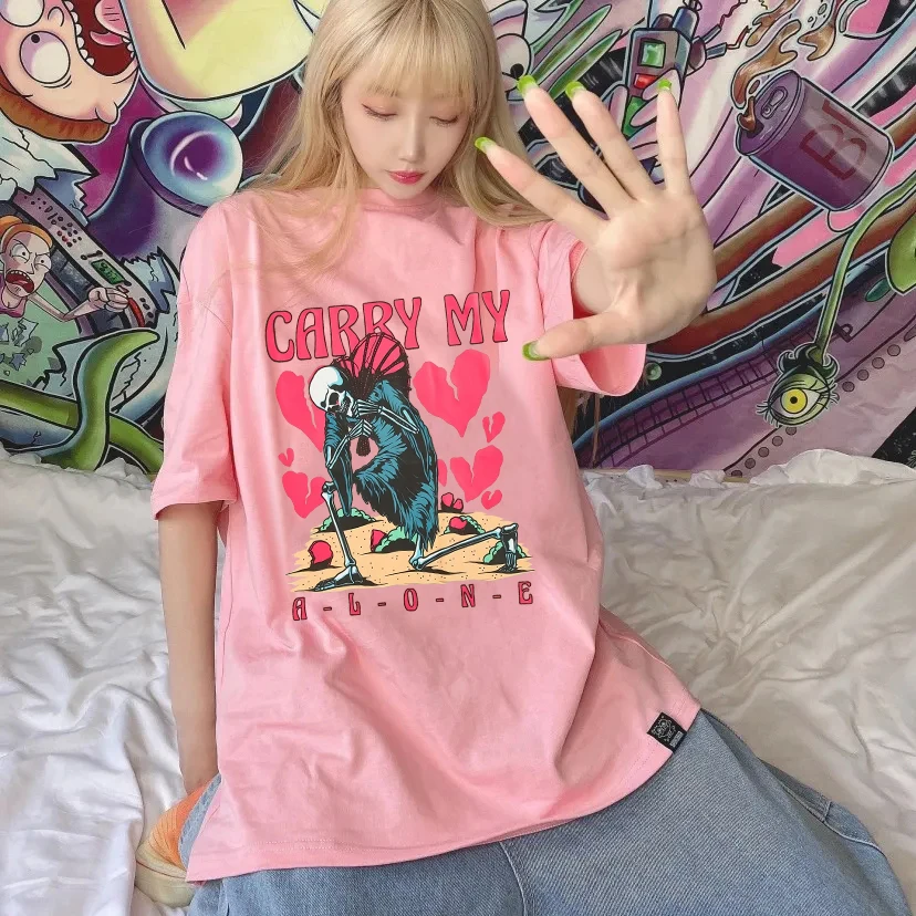 تي شيرت نسائي صيفي عليه طابع قوطي مضحك تي شيرت مطبوع عليه قلب الشيطان الصغير تي شيرت نسائي برقبة دائرية تي شيرت فضفاض بأكمام قصيرة