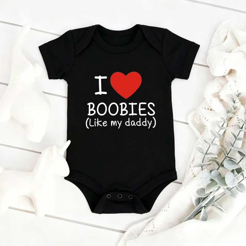 Funny I Love Boobies Like My Daddy Baby Bodysuit Red Heart Print Short Sleeve Cotton Infant Romper Baby Shower Gift