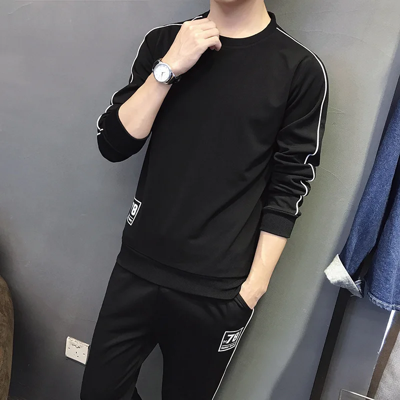 

New Elastic Casual Long Sleeve O-neck Suit Fitness Jogging Sports Trousers Set Two Piece Tracksuit Men Streetwear Clothing Y979