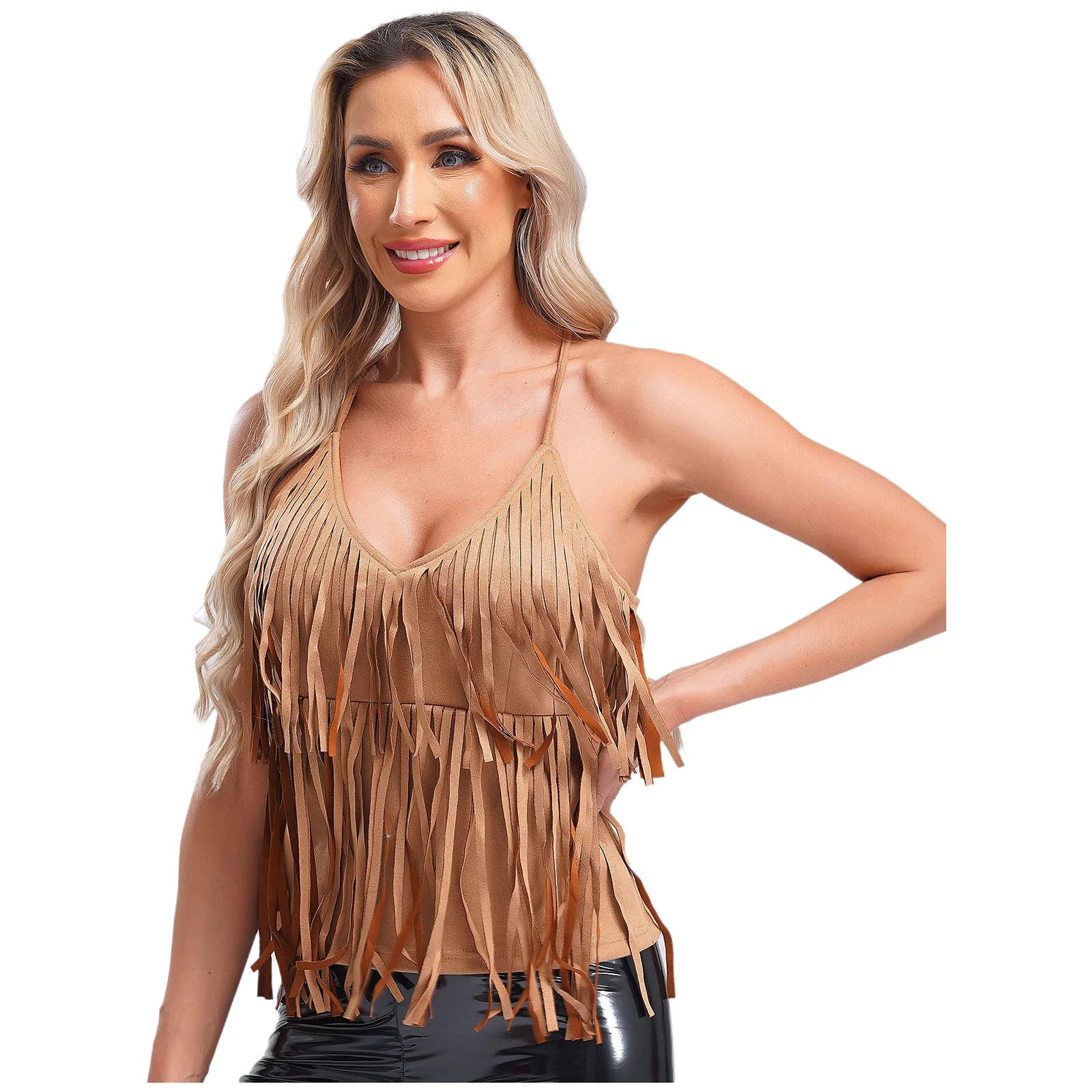 Womens Cowgirl Hippie Cosplay Costume Faux Suede Camisole Top V Neck Sleeveless 2-layer Tassel Unlined Vintage Party Tank Top