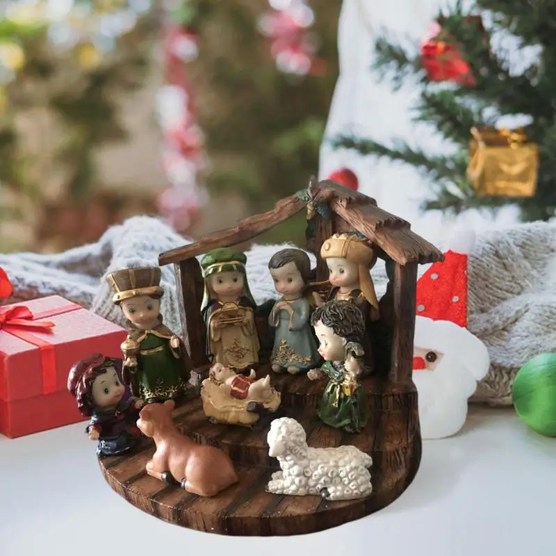 Christmas Nativity Figurines Resin Jesus Birth Scene Figurines Statue Kit 10pcs With Stable And Light String Christmas Decors