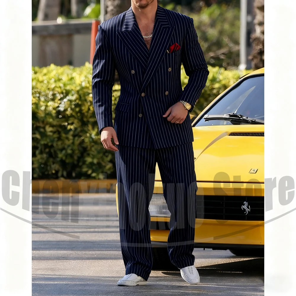 

Men's Striped Suit Set Chic Double Breasted Peak Lapel Formal Wear for Wedding Business Casual Loose Male Suit Two Piece