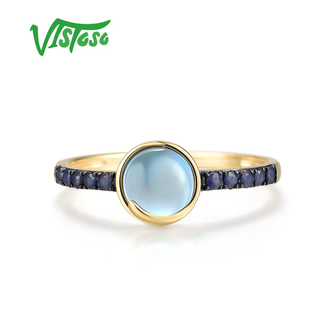 VISTOSO Authentic 14K 585 Yellow Gold Rings For Women Genuine Blue Sapphire London Topaz Simple Round Charming Chic Fine Jewelry