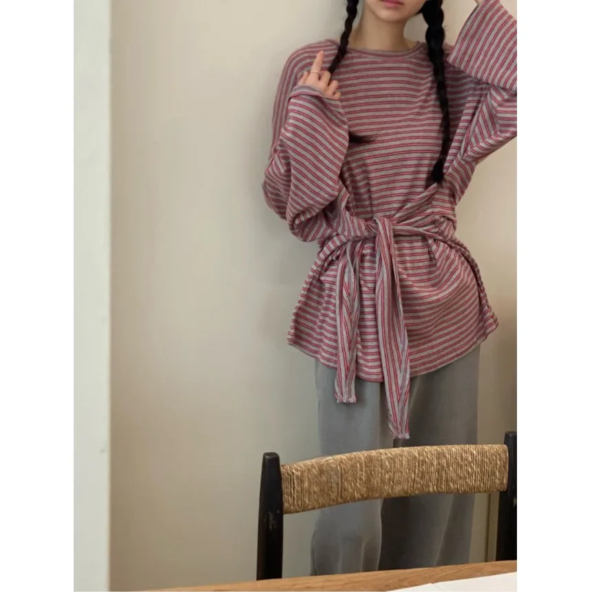 تي شيرت نسائي فضفاض مخطط الخصر ذو ملابس كاجوال كورية لجميع المواسم متوفرة بخيارات المقاسات #4