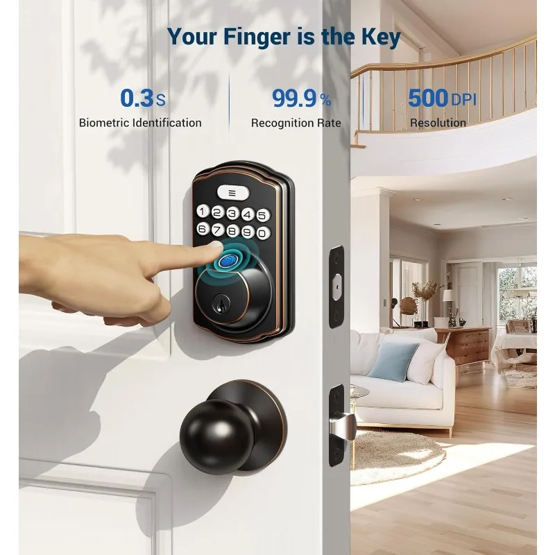 Fingerprint Door Lock with 2 Door Knobs - Keyless Entry Door Lock with Handle, Electronic Keypad Deadbolt, Smart Front