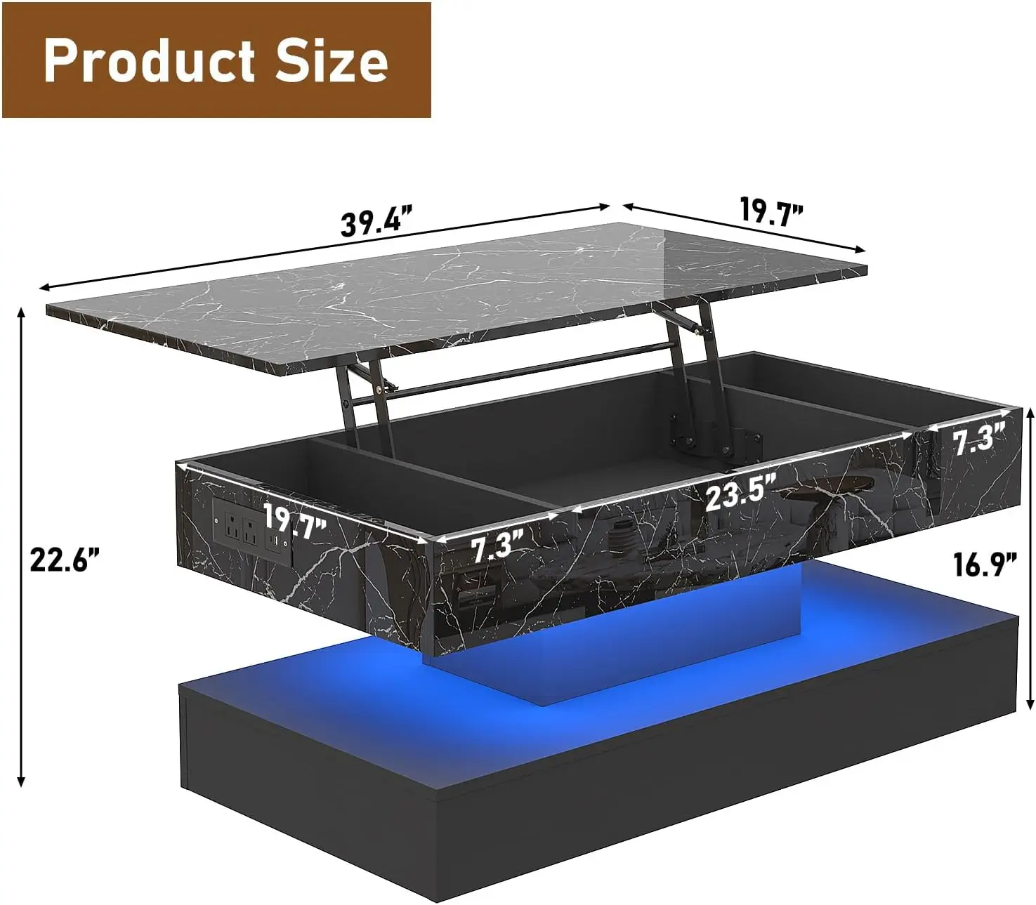 طاولة قهوة كبيرة قابلة للرفع مقاس 39.4 مع قاعدة شحن، وطاولة مركزية حديثة عالية اللمعان مع مساحة تخزين مقصورة مخفية، Bla #2