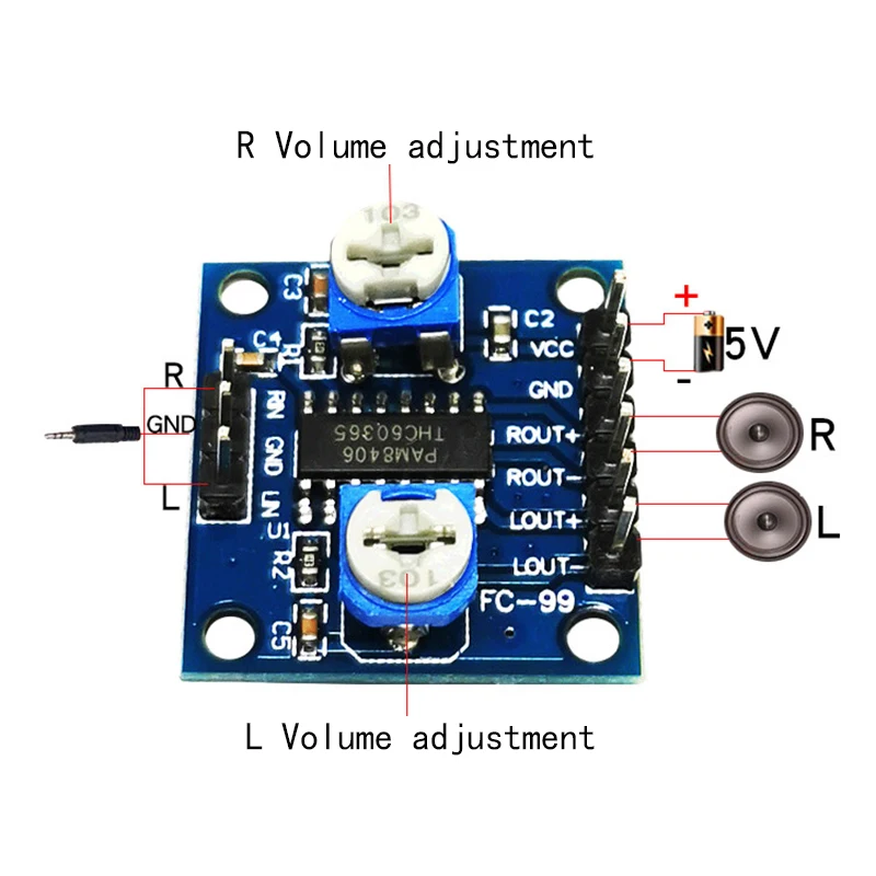 1PCS PAM8406 Digital Amplifier Board With Volume Potentiometer 5Wx2 Stereo