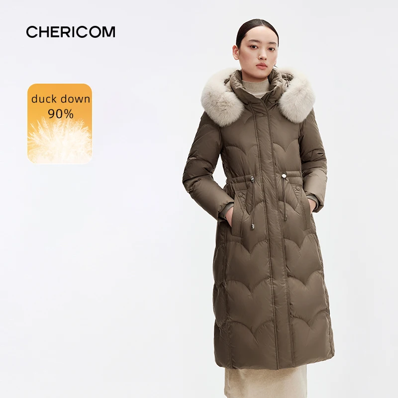 Chericom Duck Down Puffer Coat Women's Winter Down Jacket Fox Fur Collar Hooded Thermal Slim Drawstring Padding Jackets 299227